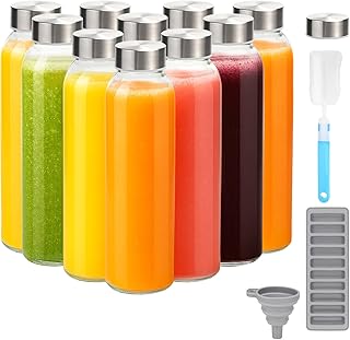 Zukro Glass Water Bottles with Lids 18 oz, 10 Pack Reusable Juice Bottles With Stainless Steel Airtight Cap for Juicing, Leak Proof Clear Drinking Jar Beverage storage container for Fridge, BPA Free