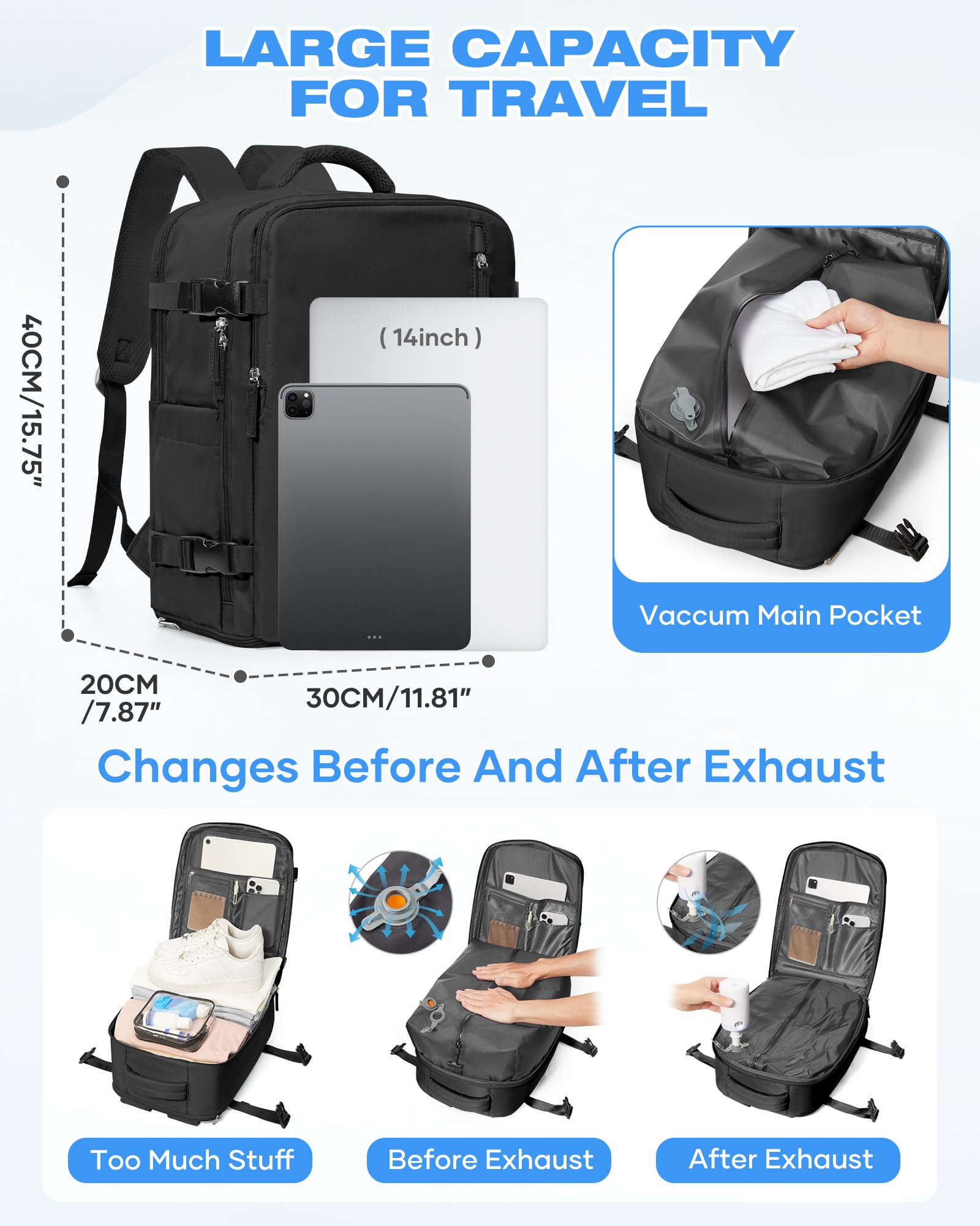 SZLX Zaino Ryanair 40x30x20 Sottovuoto Bagaglio a Mano 40x20x25 Donna Zaino da Viaggio 40x30x20 Wizzair Borse da Cabina per Easyjet 45x36x20 Uomo per Laptop 14 Pollici con Porta USB e Porta Scarpe