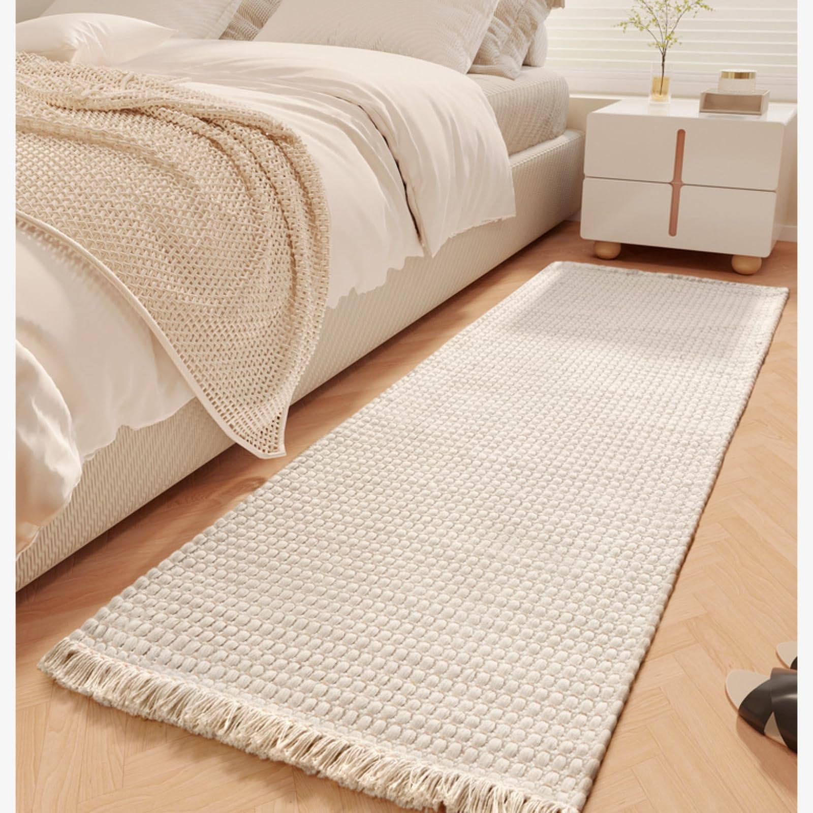 Boho Bedside Runner Rug - Soft Textured Woven Accent Rug with Fringe Tassels, Non-Slip Low Pile for Bedroom, Bathroom, Entryway, Hallway (Beige, 20''