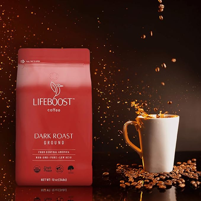 Lifeboost Coffee 3 Pack Dark Roast Ground Coffee is a high-quality, low acid coffee made from USDA organic and non-GMO coffee beans. This dark roast coffee is single origin, meaning it comes from one specific region for a consistent and rich flavor profile. The coffee beans are third-party tested for mycotoxins and pesticides to ensure a clean and safe cup of coffee.