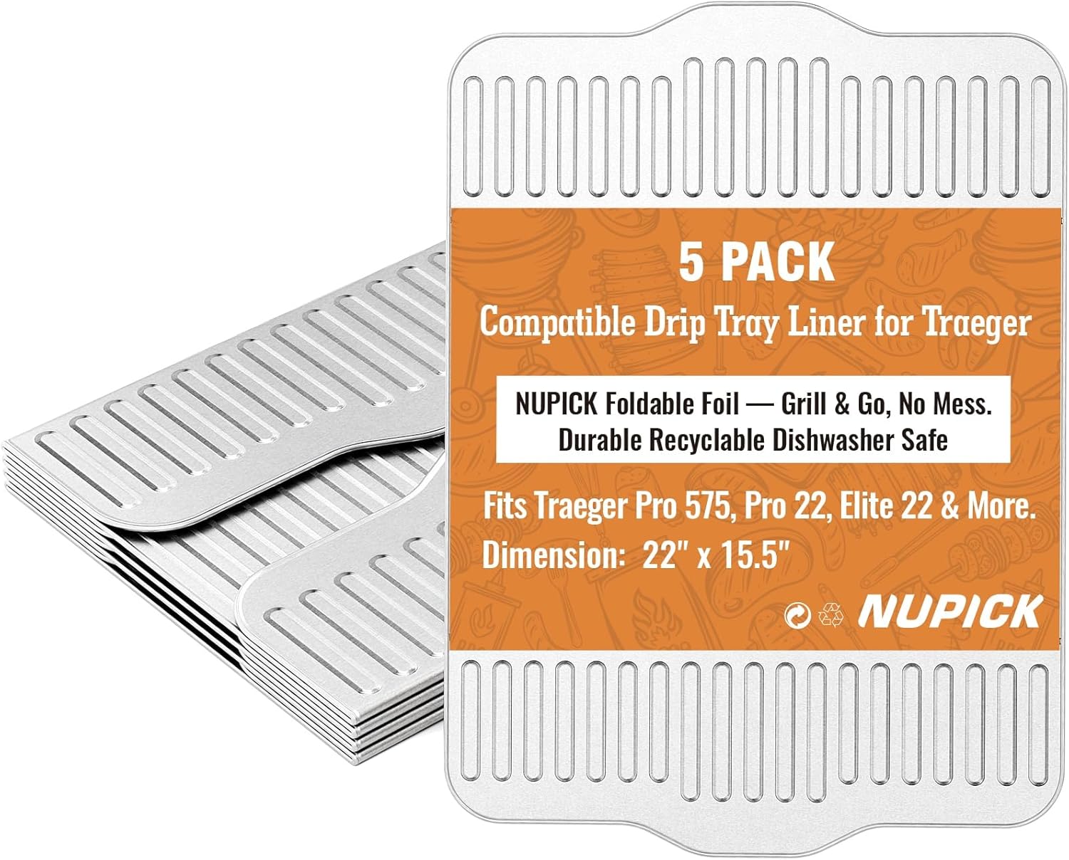 NUPICK 10-Pack BAC507 Grill Drip Tray Liners for Traeger Pro 575, Pro 22 and Elite 22, Grill Accessories for Traeger, Aluminum Disposable Drip Trays,Heat-Resistant Grill Accessory, 22in X 15.5in