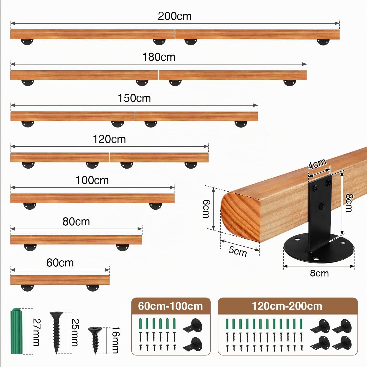 Main courante en bois de pin, 200 cm, rampe d'escalier murale, semi-circulaire, main courante en bois antidérapante, avec supports muraux, matériel de montage, noyer clair