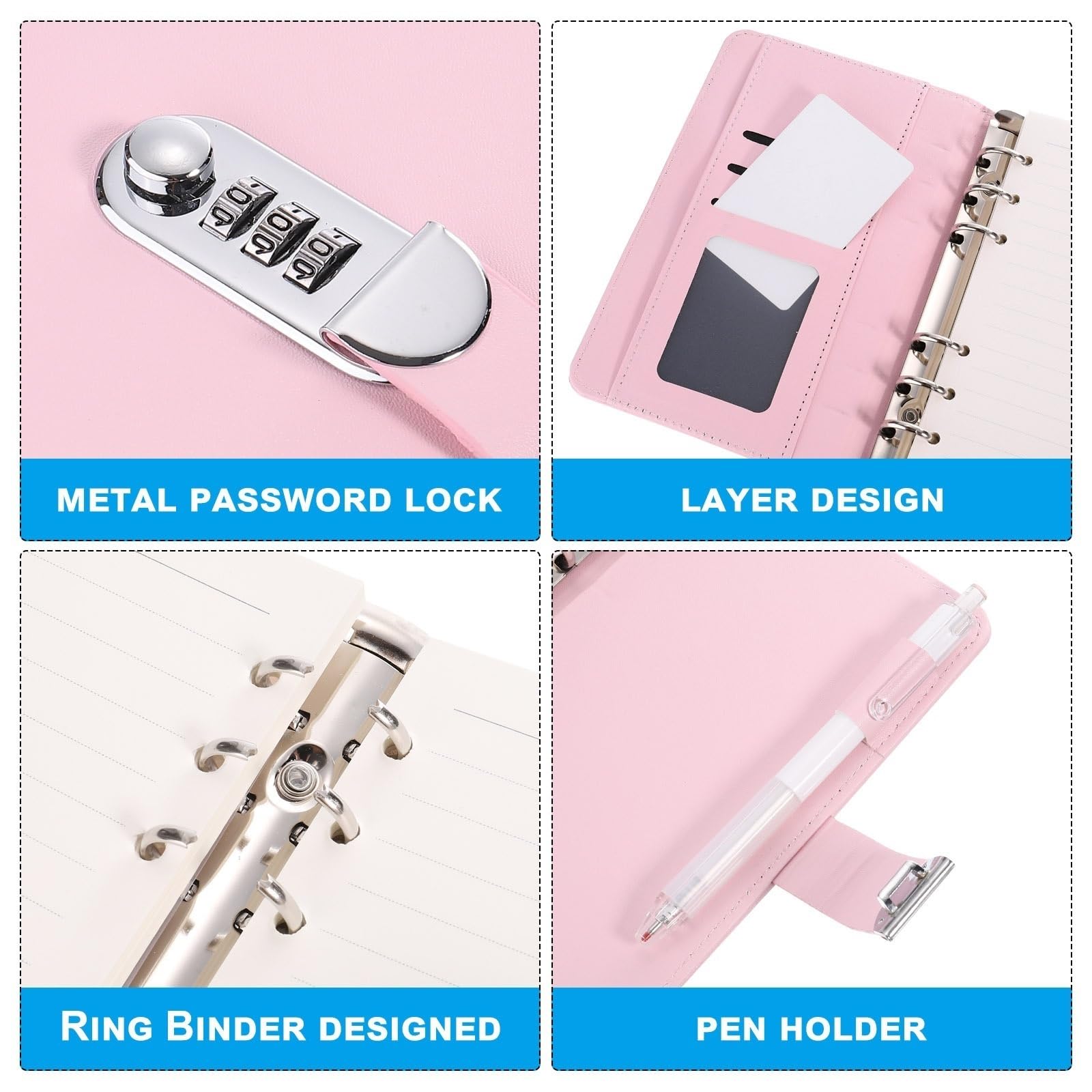 Tagebuch mit Schloss A5 A6 90Pages Password Book with Lock Diary Binder Refillable Paper with Pen Card Slot Leather Notebook Journal Student Notepad(A5 Pink)