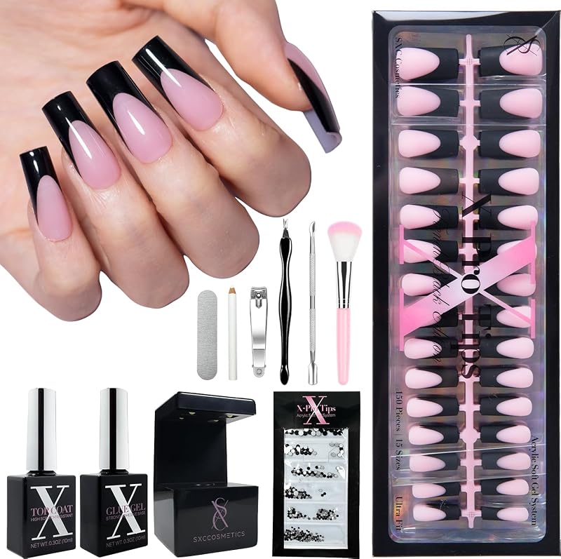 SXC Cosmetics French Tip Press On Nails – Black Series, Medium Square, X-Pro Tips Starter Kit | 150PCS, 15 Sizes, 5 Styles, Beginner-Friendly