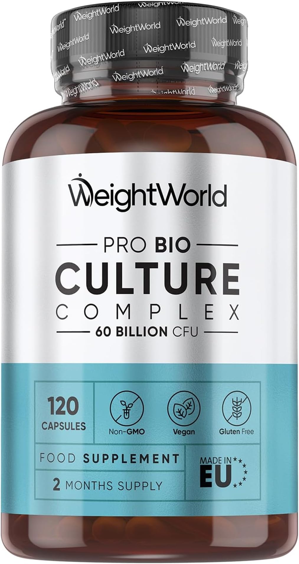 WeightWorld Bio Cultures Complex Probiotics & Prebiotics - 60 Billion CFU - 2 Months Supply - 120 Vegan Probiotic Complex Capsules