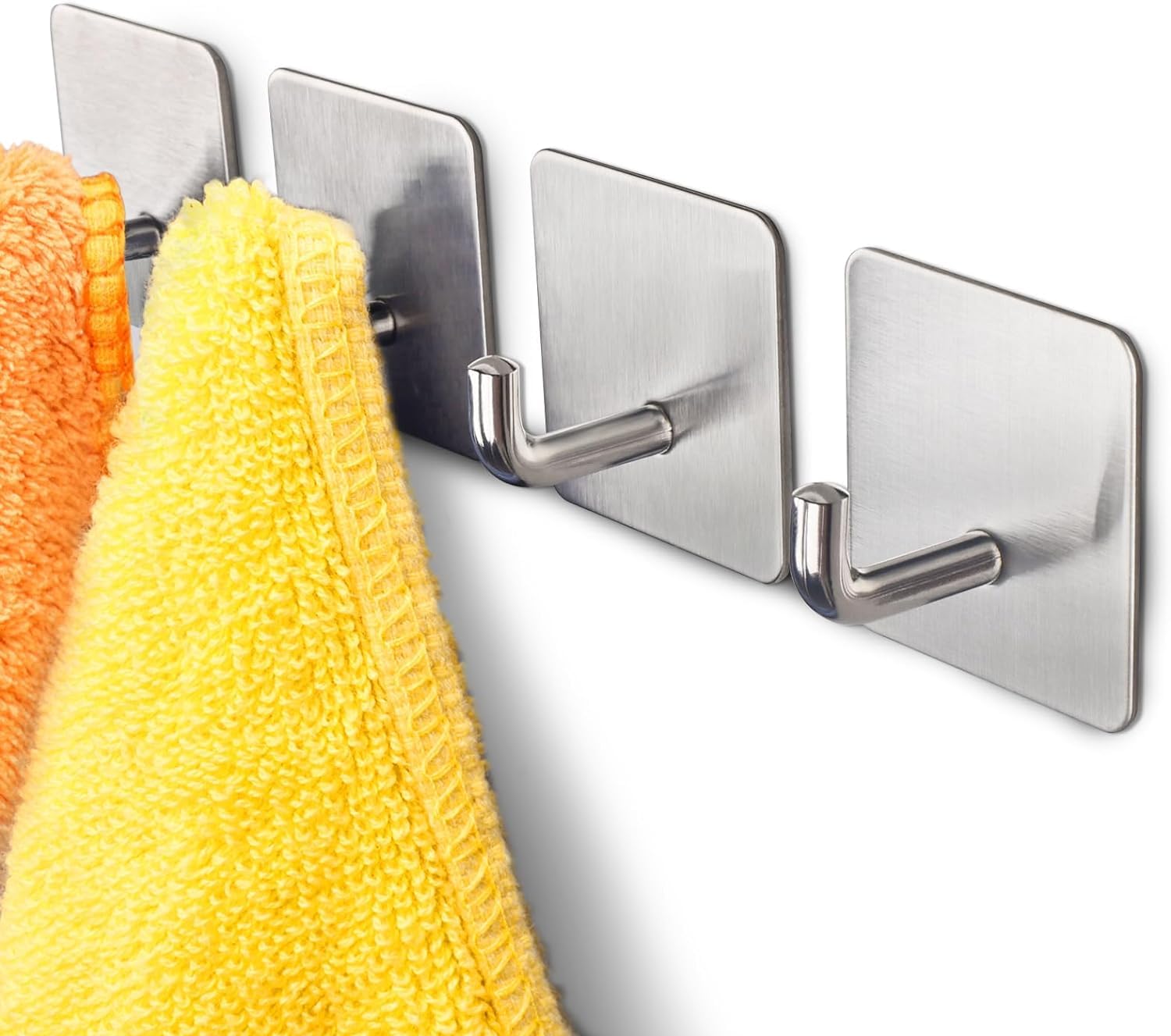 HASTHIP® 4 PCS Wall Hooks, Stainless Steel Self Adhesive Hooks, Heavy Duty Robe Towel Wall Hooks, Hooks for Hanging No Drill, for Kitchens Bathrooms Offices No Drill Needed (Silver)