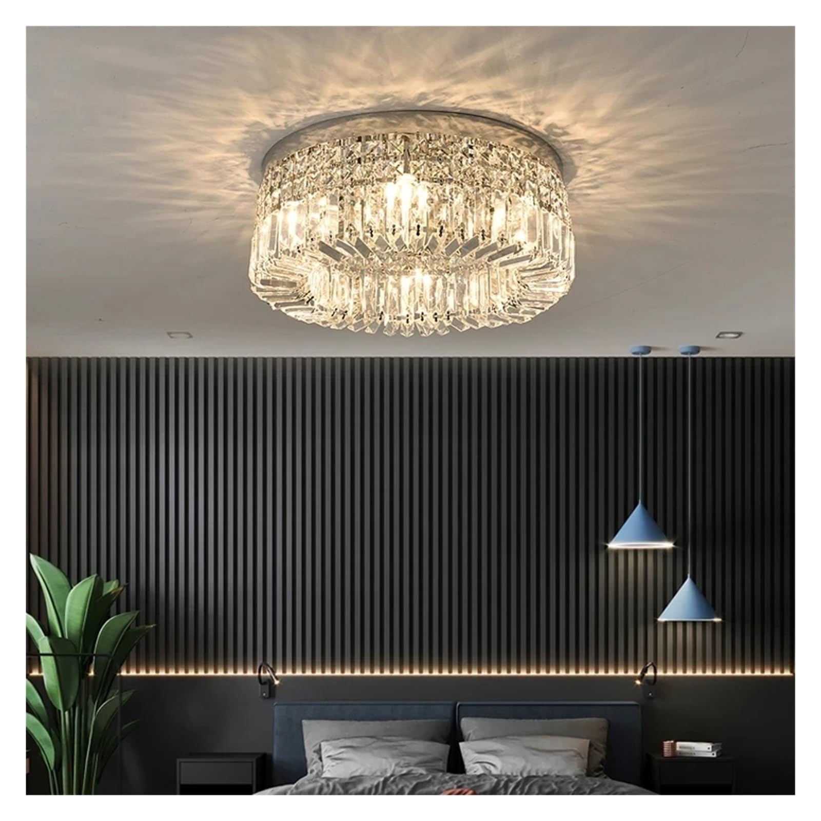 Plafonnier LED moderne pour éclairer un escalier sombre et grand salon avec suspension en cristal