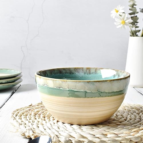 Miniatura 4 de Bosmarlin Juego de 4 tazones de cerámica para sopa de 26 onzas, 6 pulgadas para avena, ensalada, lavavajillas y microondas, esmalte reactivo (verde,