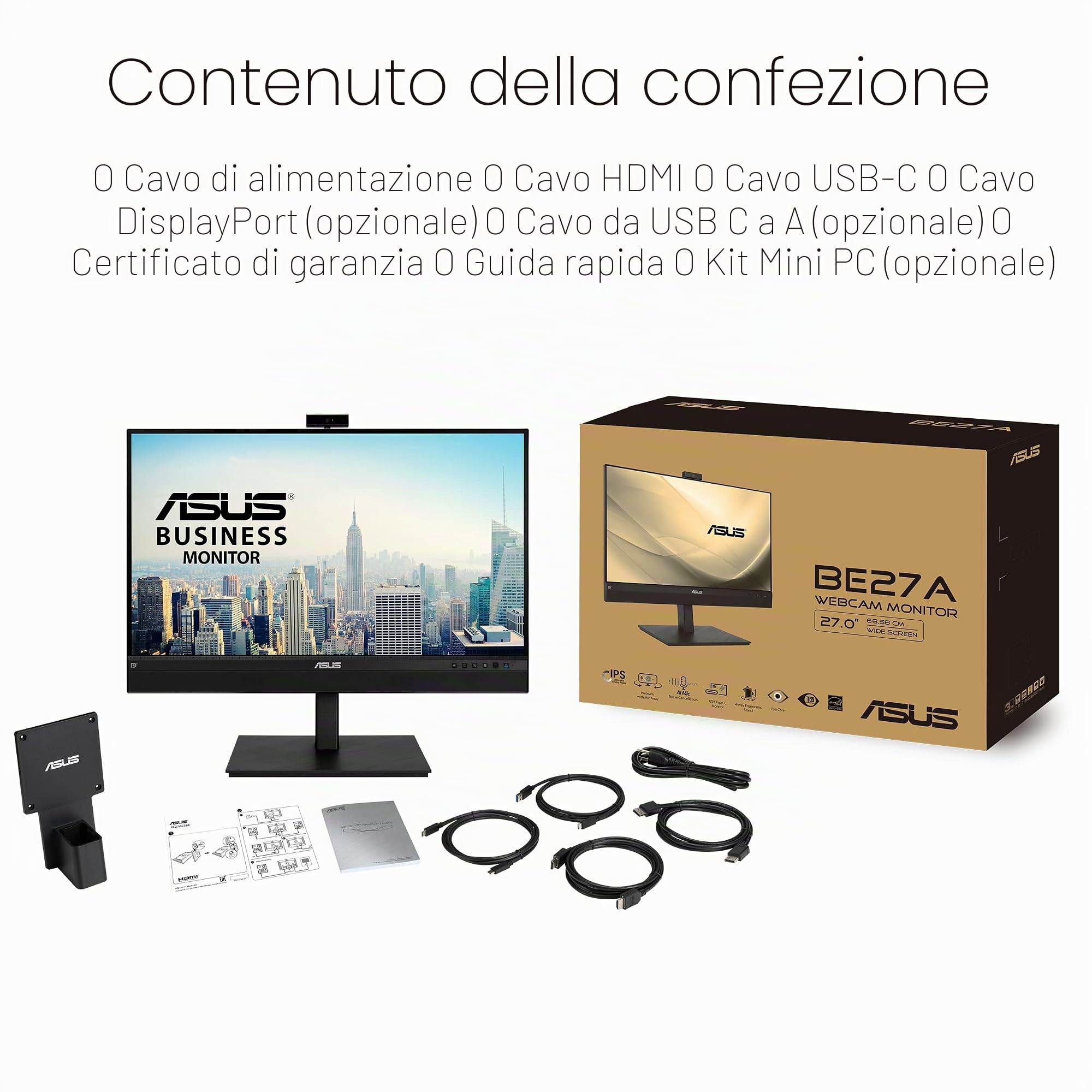 ASUS BE27ACSBK, Monitor Business da 27” IPS WQHD (2560x1440), Nero | Frameless, Webcam FHD, Microfono Ai Noise Canceling, USB-C, Speaker Integrati, Design Ergonomico, Eye Care, Filtro Luce Blu