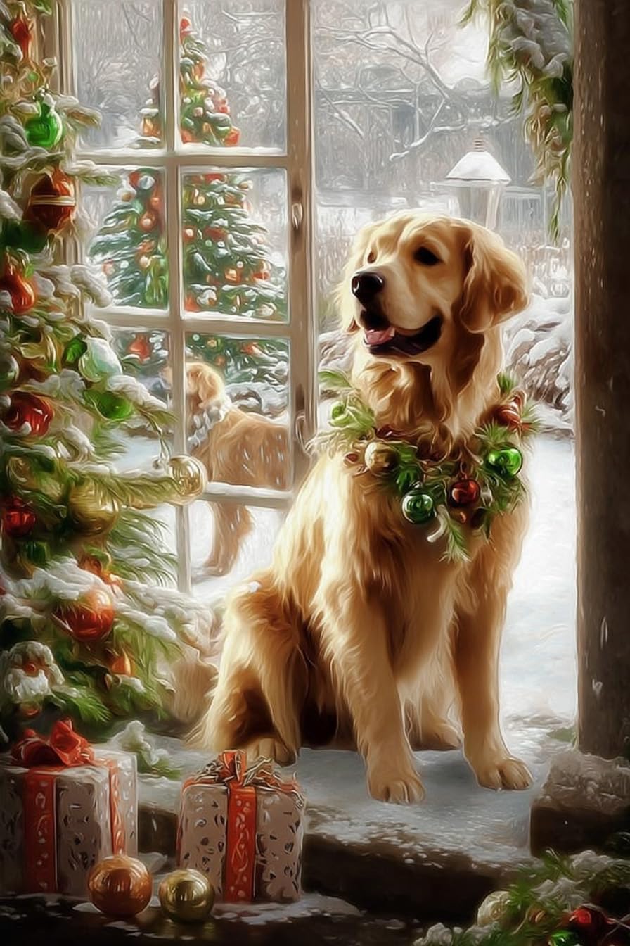 Christmas Golden Retriever 1000 Pieces Puzzle for Adults, Educational Intellectual Jigsaw Puzzle, Christmas Fantasy Puzzles for Adults Fun Game 20 * 28.8 Inch