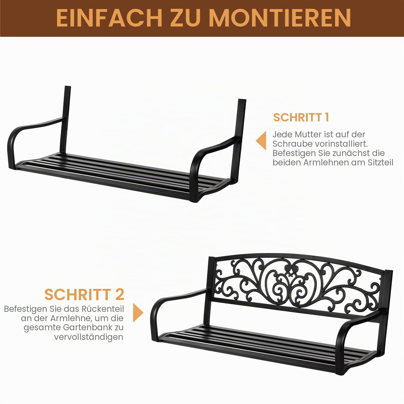 LEADZM Gartenbank Metall, Eisenbank mit Platz für 2-3 Personen - gartenbank wetterfest, Schwarzer Retro-Stil, Geeignet für Gärten, Balkone und Terrassen