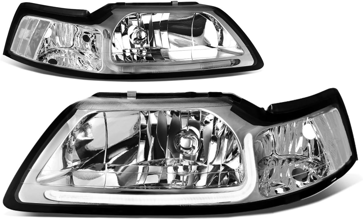 DNA MOTORING HL-LB-FM99-CH-CL1 Pair LED DRL Headlights Compatible with 99-04 Mustang, Chrome/Clear