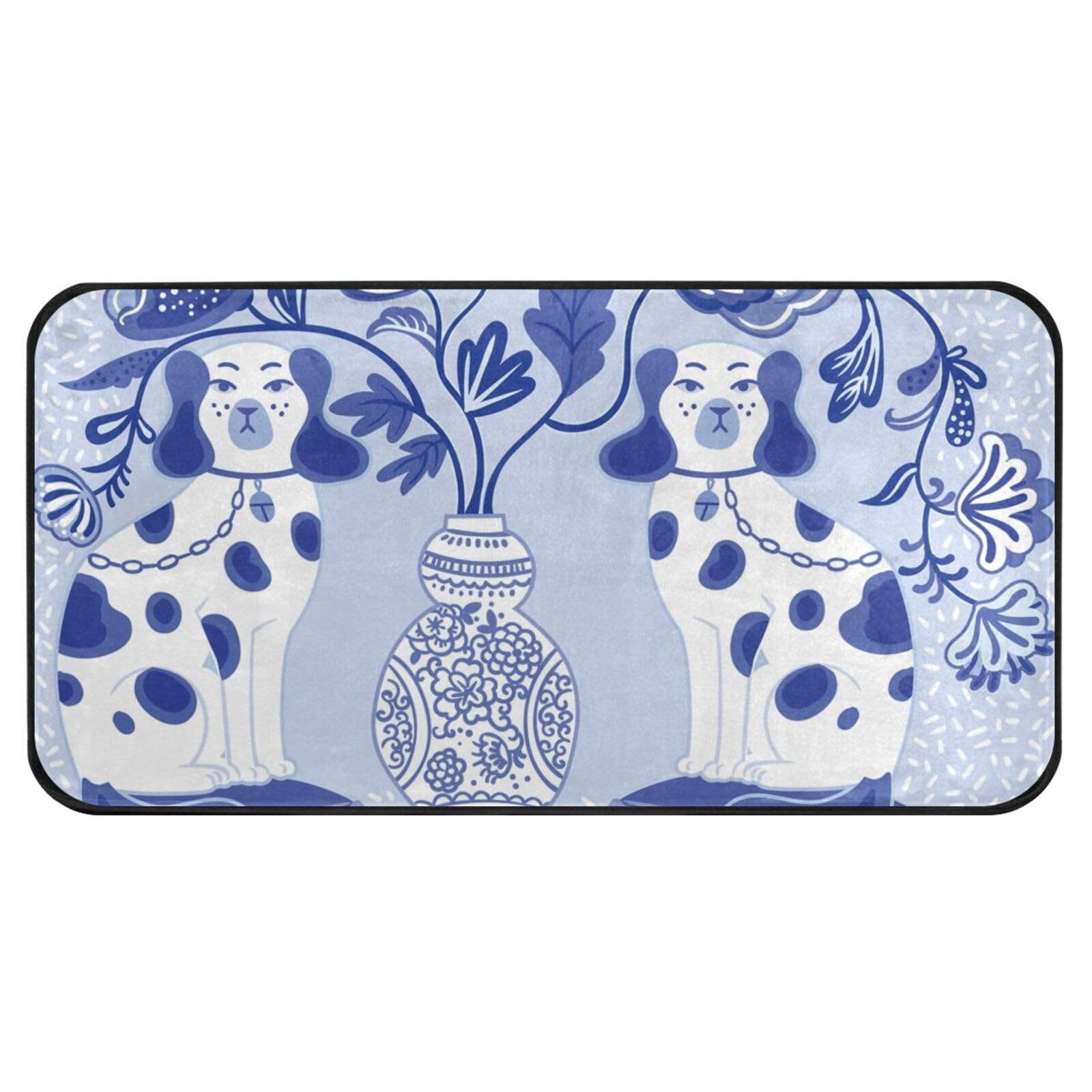 pnyoin Staffordshire Dogs in Chinoiserie Style Blue and White Porcelain Kitchen Floor Mats Carpet Rugs Rectangle Non-Slip Home Decor Comfort Mat for