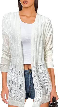 Kate Kasin Women's 2023 Summer Crochet Lightweight Cardigan Sweater Long Sleeve Open Front Cover Up