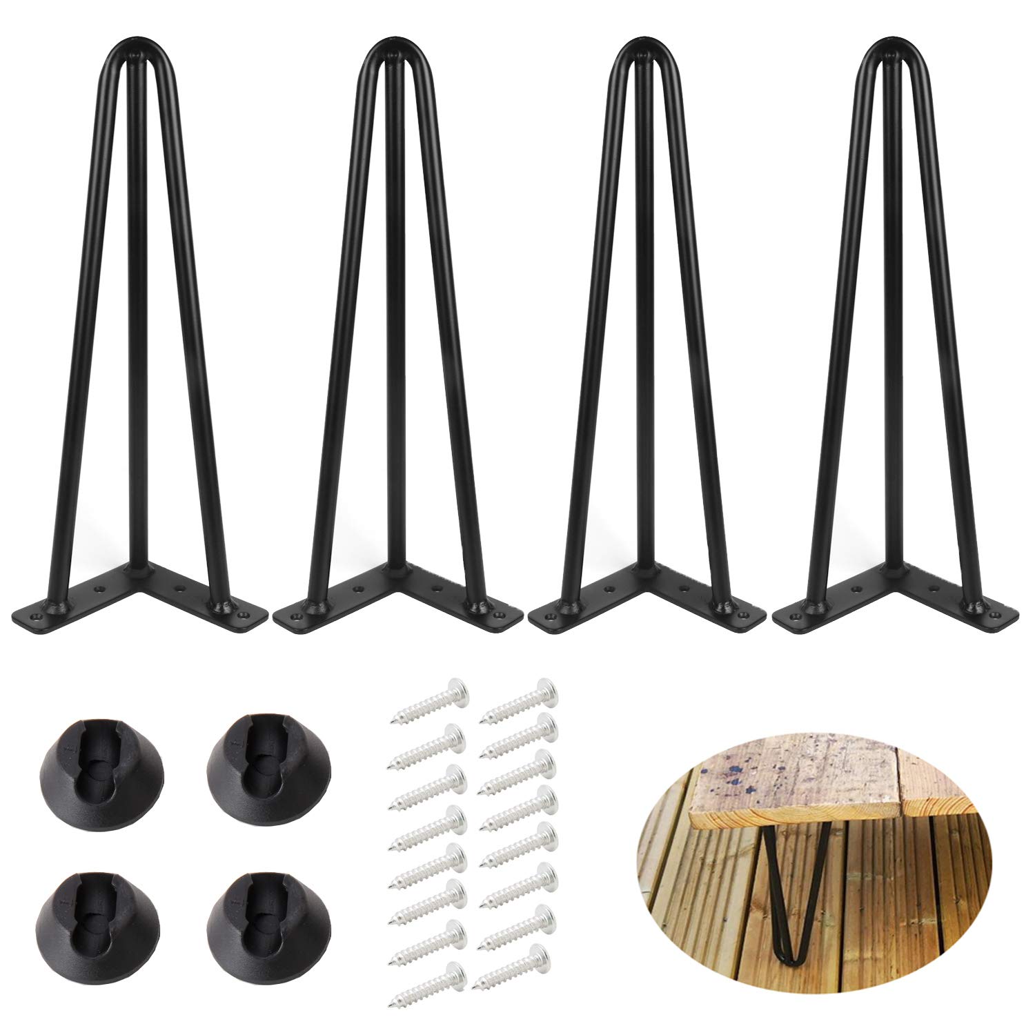 ALXEH 10 Inch Hairpin Table Legs 1/2” Dia 3-Rods Hairpin Feet, DIY Black Coffee Table Legs Heavy Duty Metal Furniture Feet for TV Stand, Bench and Nightstand, Set of 4