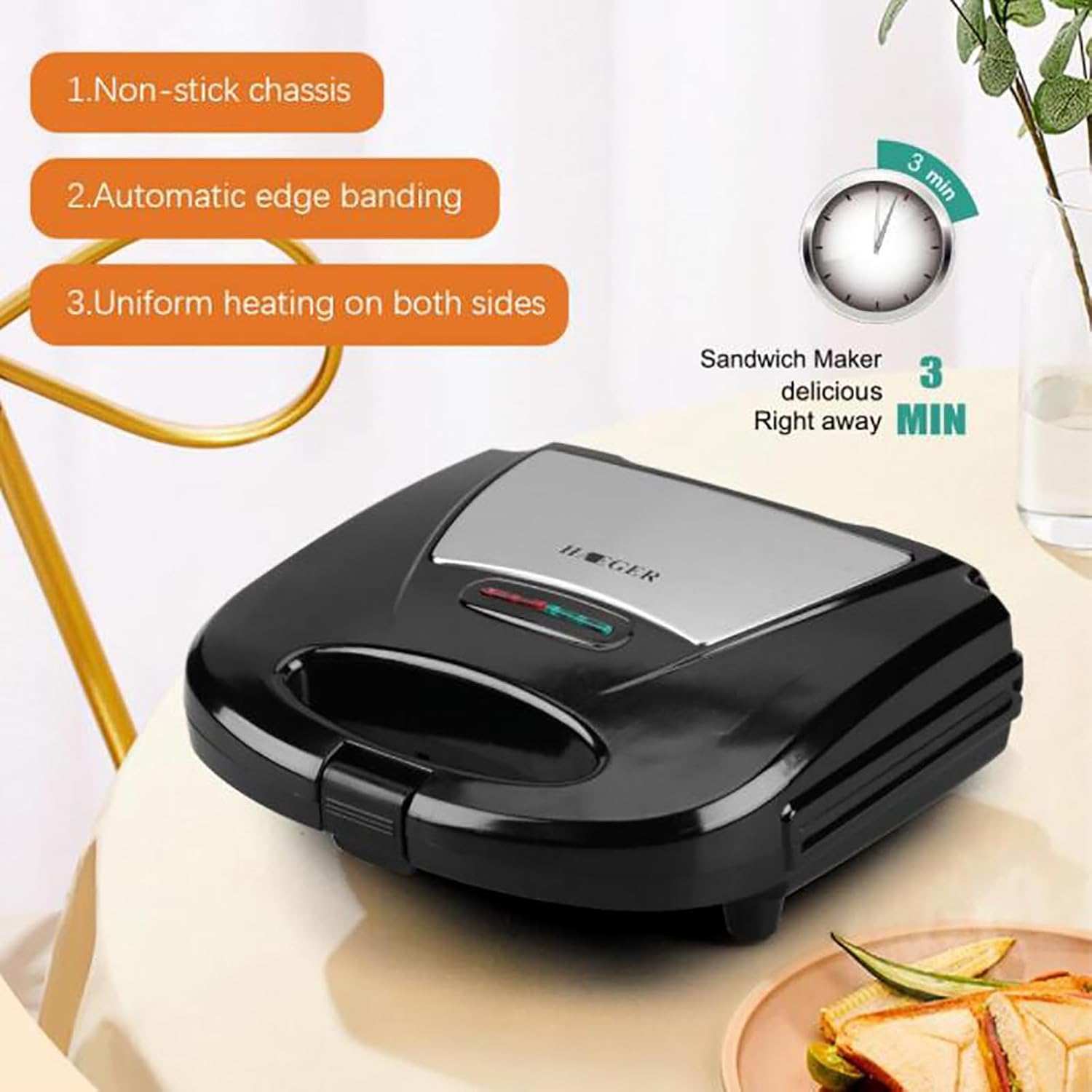 Sandwich Maker, Panini Press Sandwich Maker with Nonstick Surface Breakfast Sandwich Maker Easy to Clean and Storage, Indicator Light, Cool Touch Handle Burgers Steak Grilled Cheese