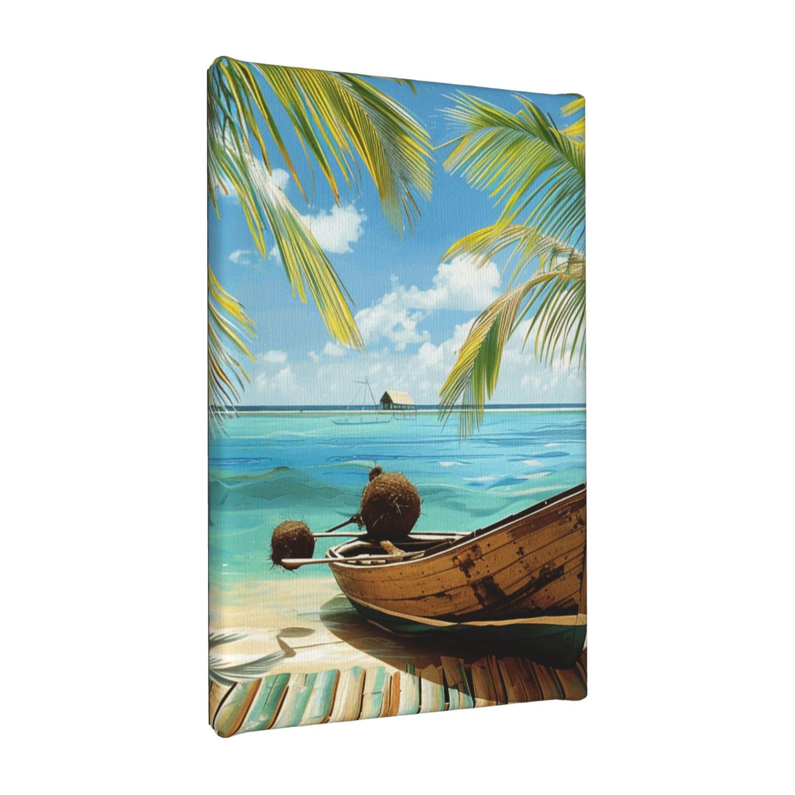 YKLJG Seaside Boat Coconut Leaves Printed Wall Art Canvas Painting 20x30 CM Wooden Framed Picture Painting Artwork Prints for Bedroom Kitchen Home Office Decor