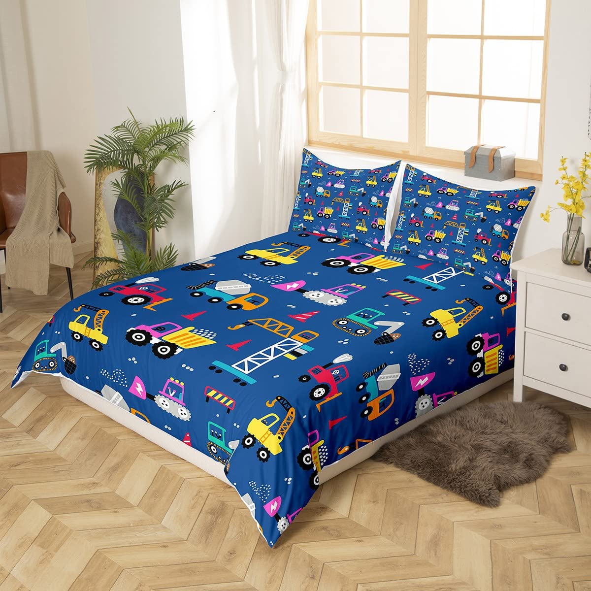 Loussiesd Cartoon Construction Bedding Set Kids Excavator Duvet Cover for Kids Boys Vehicles Comforter Cover Tractor Blue Duvet Cover Single Size - Image 2