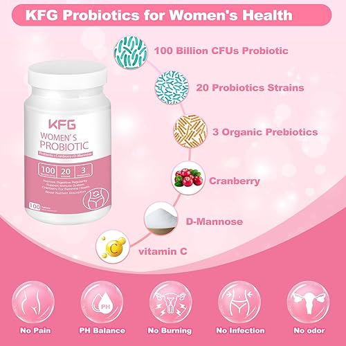 Miniatura 4 de KFG Probiótico para mujer, 100 mil millones de UFC, 20 cepas, con prebióticos orgánicos+arándano y D-manosa, para aumentar la salud inmunológica,