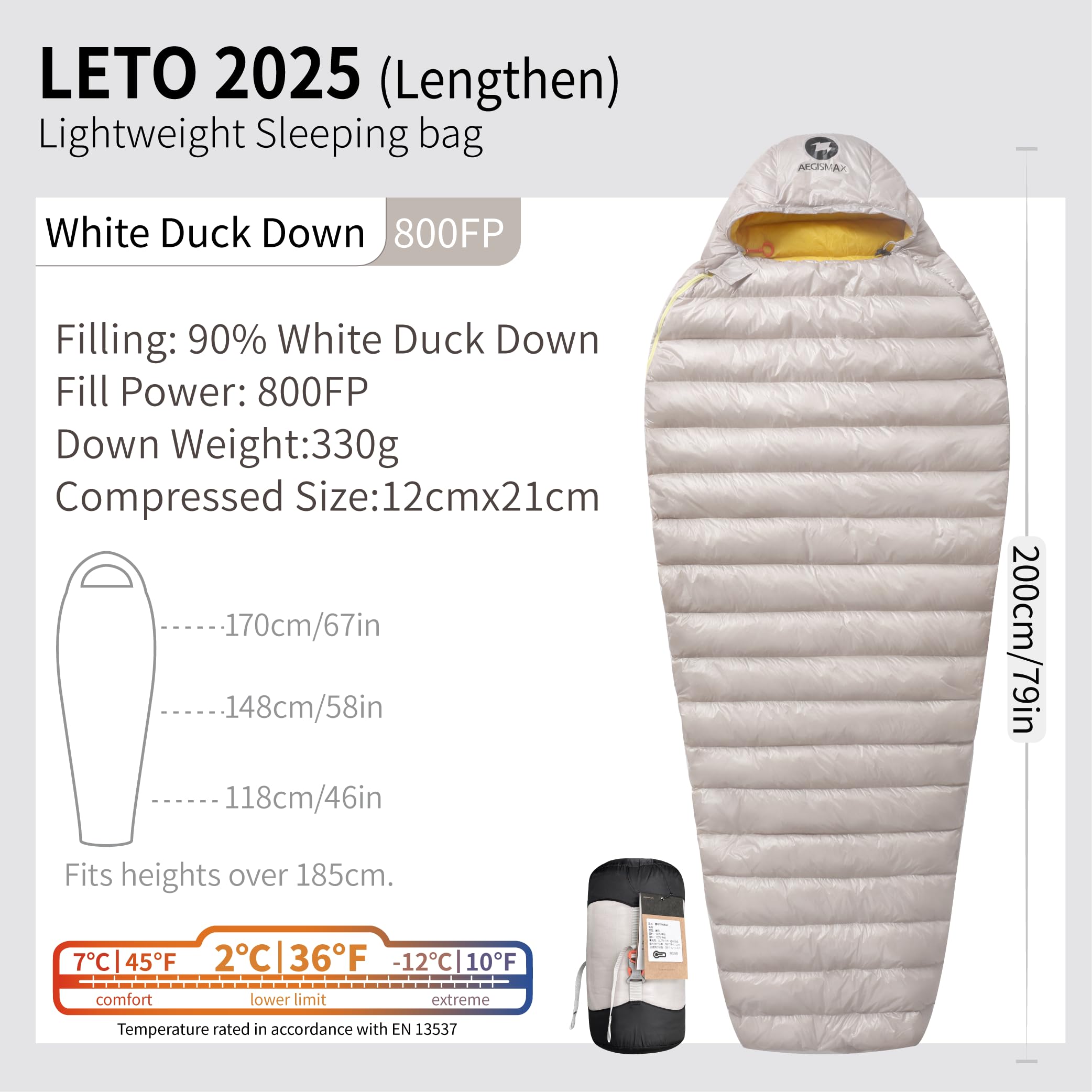 Leto 2025-M/L Series 800FP - Saco de Dormir Ultraligero para Acampar al Aire Libre