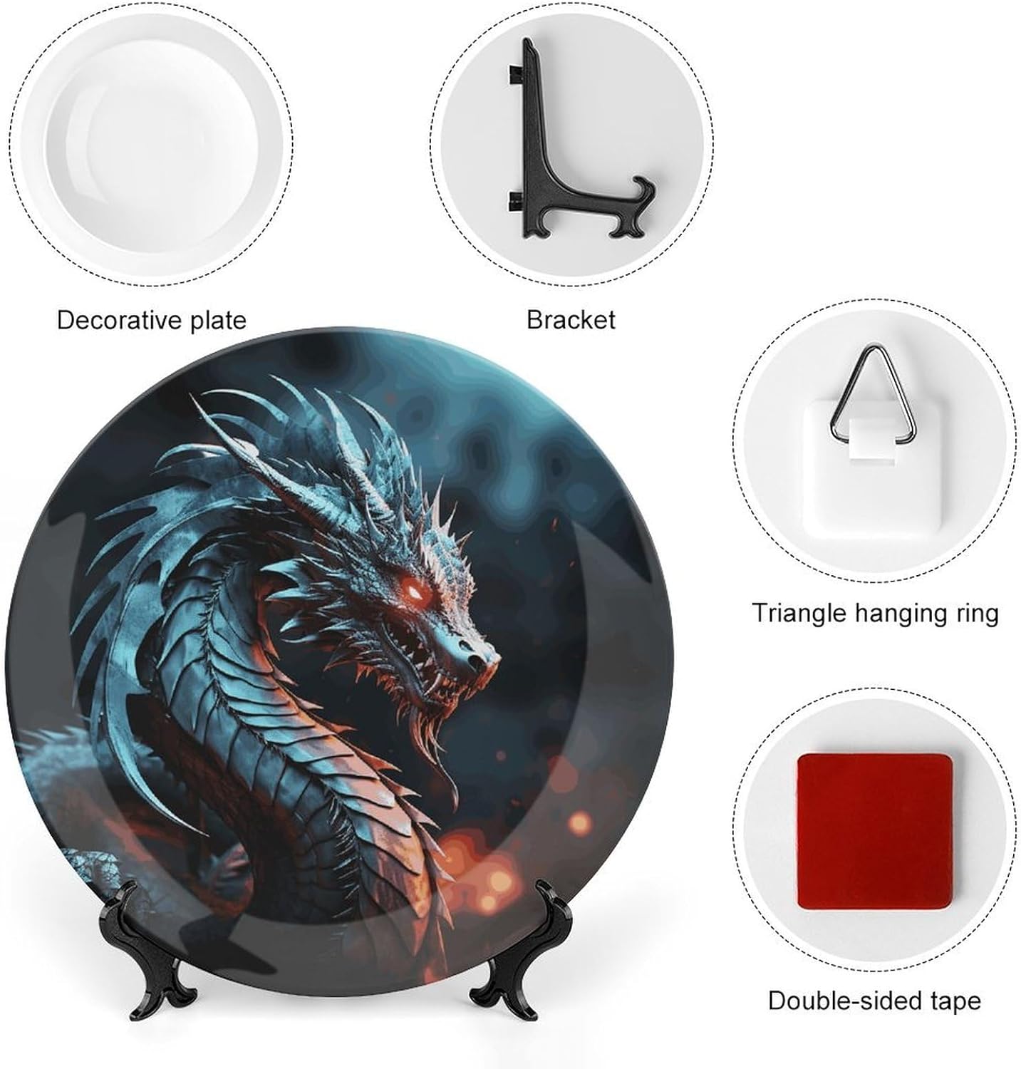 Dragon Bone China Decorative Plate with Display Stand, Ceramic Ornaments Plate for Wall Hanging, Personalized Porcelain Plates for Office, Living Room 8inch