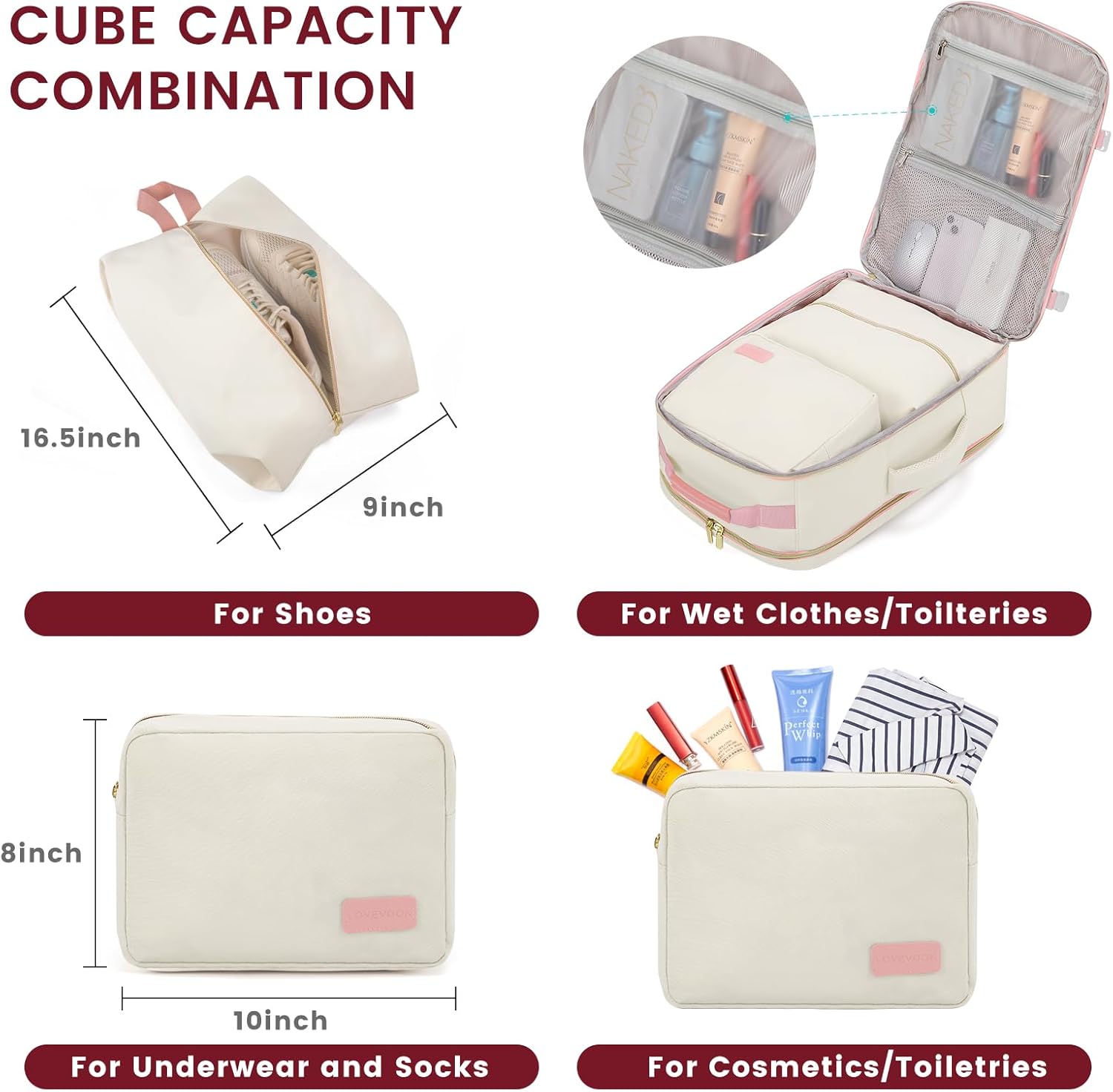 LOVEVOOK 40L Large Travel Backpack for Women Men, 17 Inch Carry on Backpack for Traveling on Airplane, Personal Item Travel Bag Airline Approved, Business Causal Weekender Backpack, Beige-Pink - Image 5