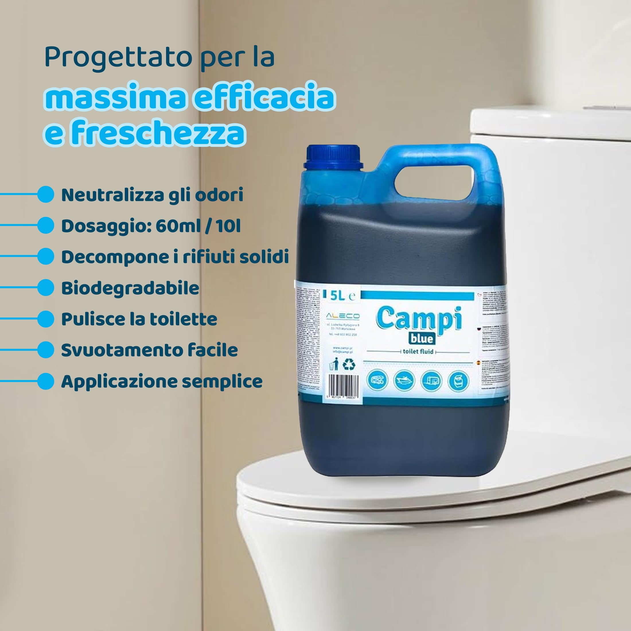 CAMPI Blue 5L - Liquido sanitario e additivo per toilette da campeggio – Chimico WC per toilette – Per serbatoio di scarico di camper e roulotte