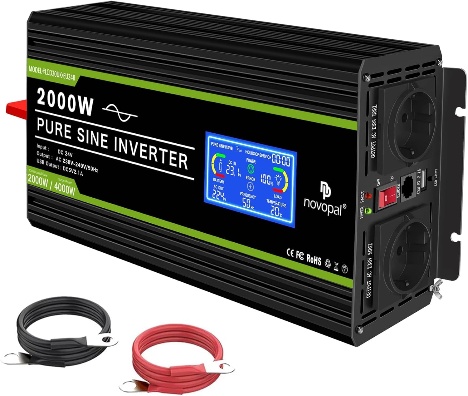 NOVOPAL 2000W Inversor 24V 220V Onda Pura Convertidor | 5M Mando a Distancia& LCD Display,2.4A USB para RV, Viajes, Camping