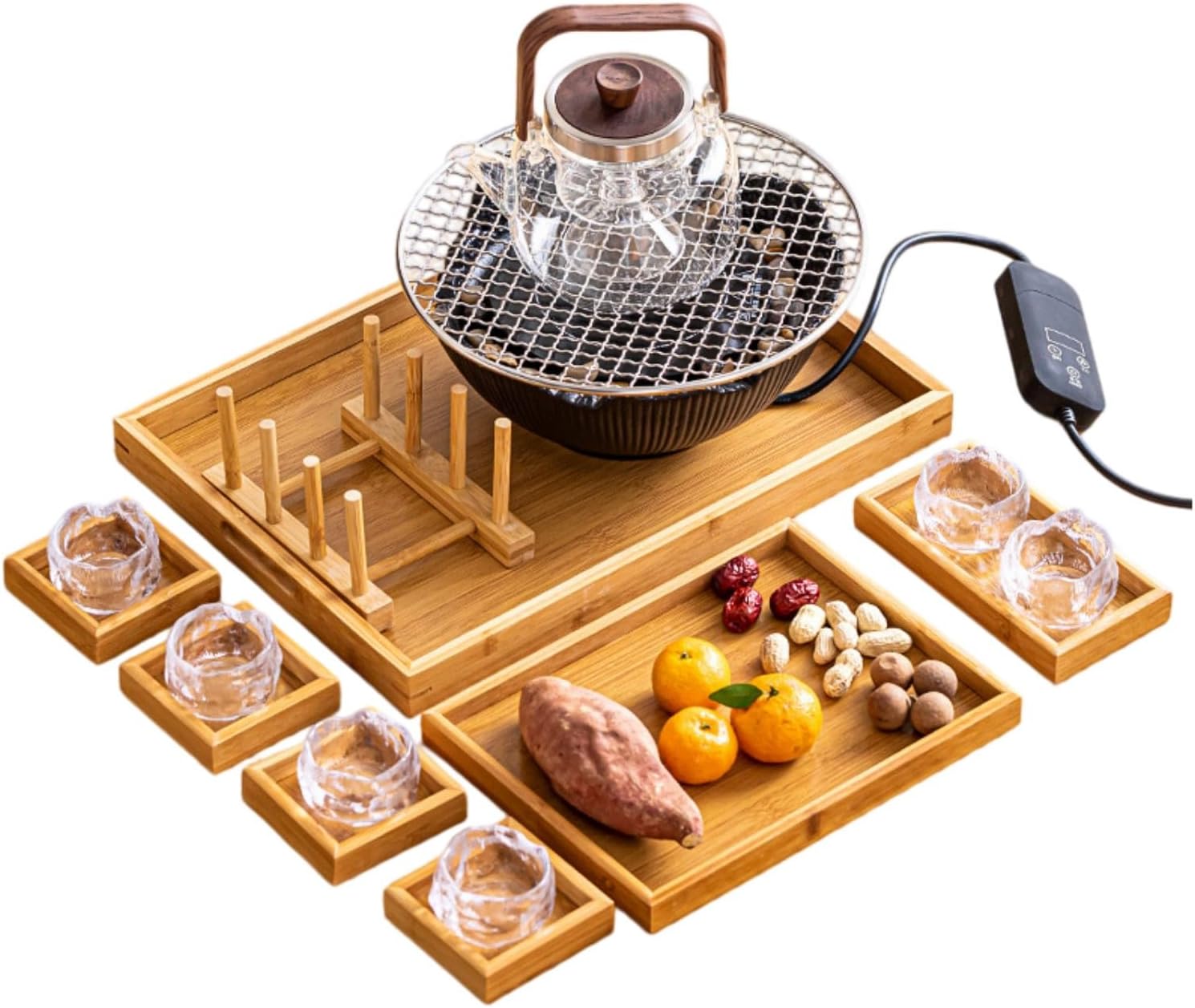 煮茶炉烧水壶围炉电陶炉小型泡茶煮茶器 Ceramic Kung Fu Tea Set,teapot,Teacups,warming Wedding Birthday Gift,Tea Tray Chinese,Dishwasher Safe 禅缘黑电陶炉+透明平光提梁壶+6杯+杯架+收纳盘【附鹅石+烤网】
