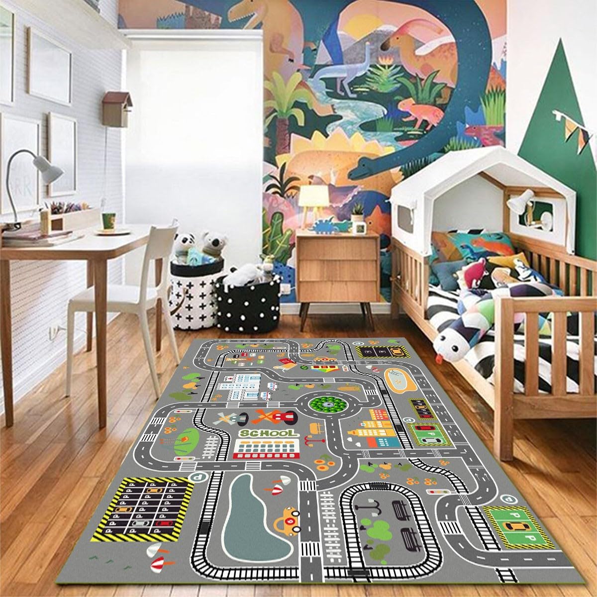 Car Rug Play Mat Great for Playing with Cars and Toys, Kid Playroom Carpet with Rubber Backing, Game Area for Baby Toddler Kid Child Educational Learn Road Traffic in Bedroom, Classroom