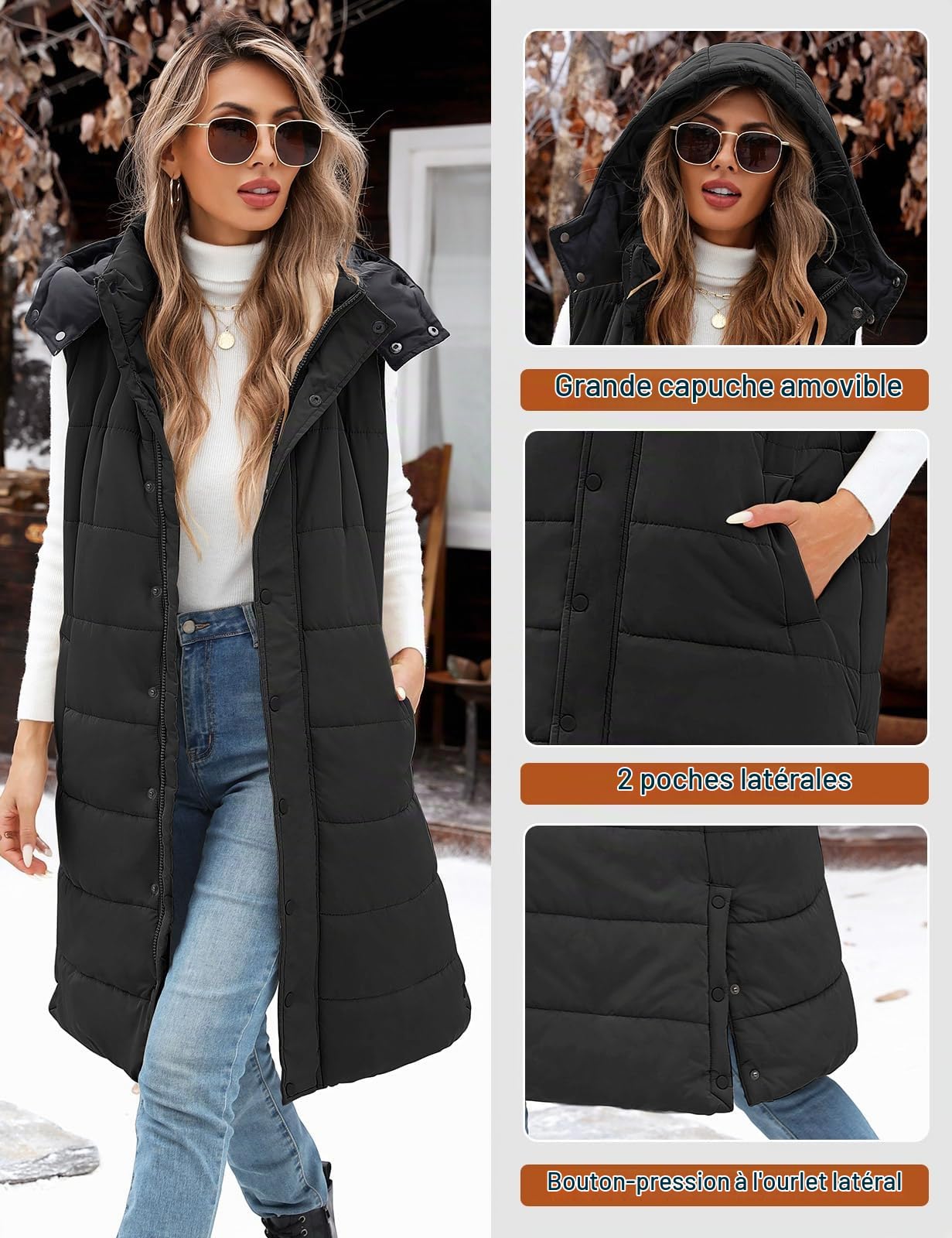 Tuopuda Doudoune sans Manche Femme, Veste Longue sans Manche Manteau sans Manche Automne Hiver Chaud Gilet sans Manche à Capuche Zippée Hooded Coat Matelassé Légère Waistcoat avec Poches