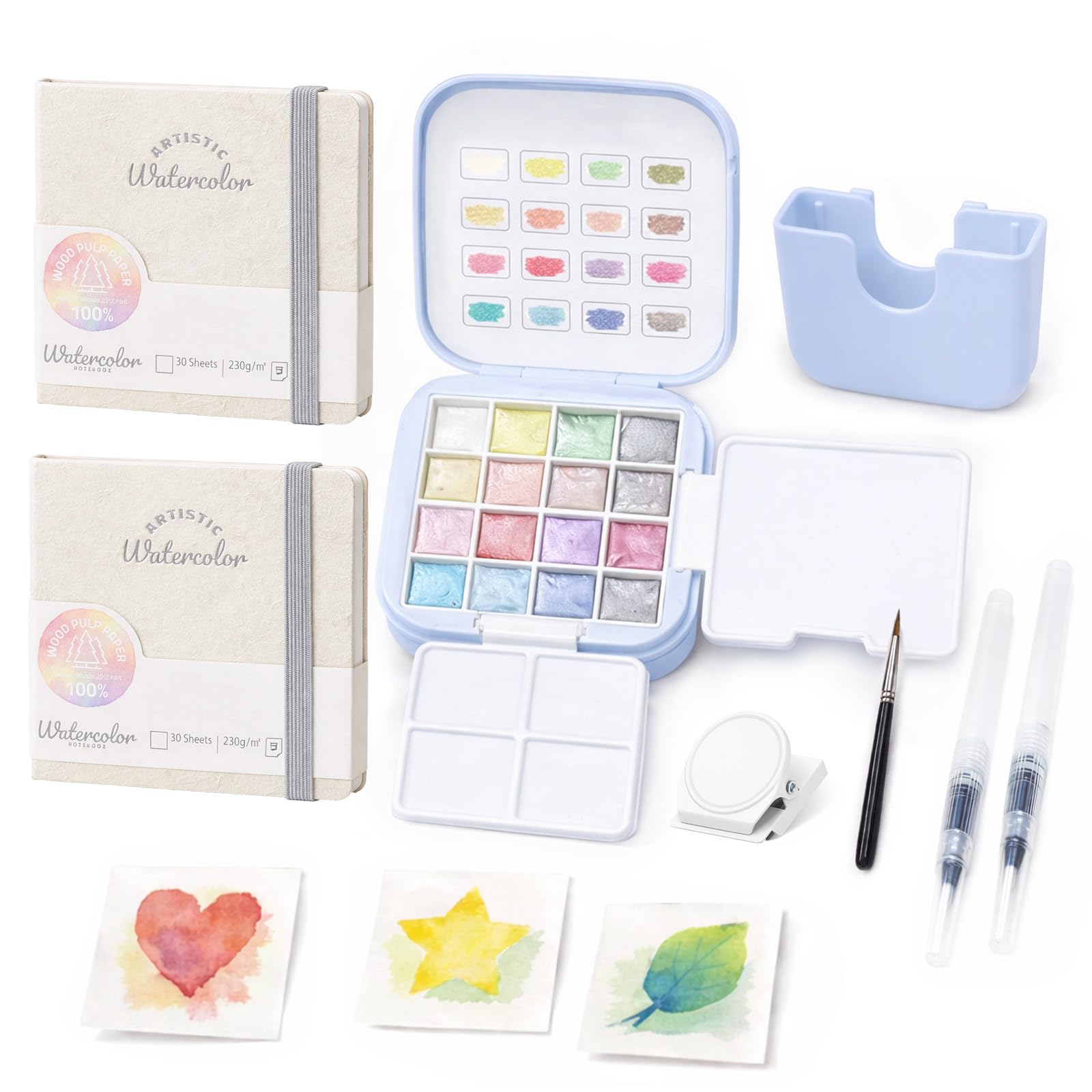 Fakindiy Mini Watercolour Paint Kit - Travel Watercolour Set, Pocket Water Colour Palette with 16 Colours, 2 Mini Sketchbook, Brushes and Clip, Portable Painting Set Gift for Beginners, Artists