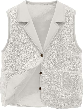 Womens Sherpa Vest Comfy Warm Notch Lapel Sleeveless Outerwear Lightweight Button Down Furry Fashion Fall Jackets