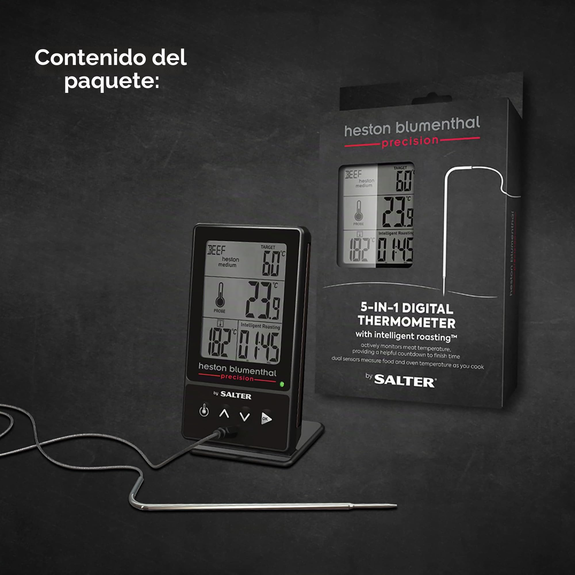 Salter 540A HBBKCR Termómetro Digital 5 En 1 Con Precisión de 0,1 °C, De La Colección Heston Blumenthal Precision, Mide Hasta 5 Veces Más Rápido, Sonda De 14.5 cm, Pinza Para Bandejas Incluida, Negro