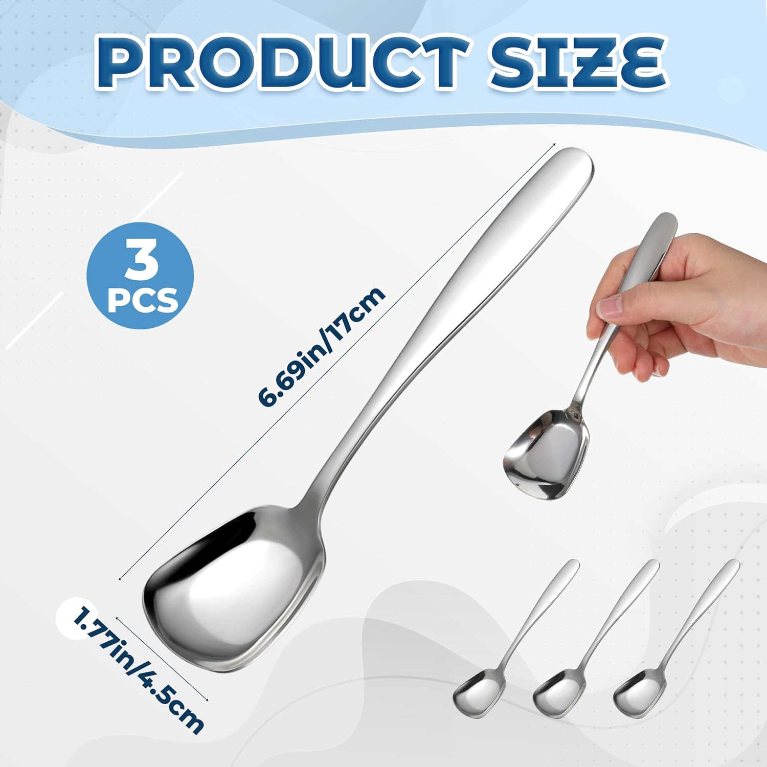 3 Pcs Square Spoon Stainless Steel Korean Sugar Spoon Square Head Serving Spoons, 7 Inch Thick Heavy Stainless Steel Soup Table Spoons Flat
