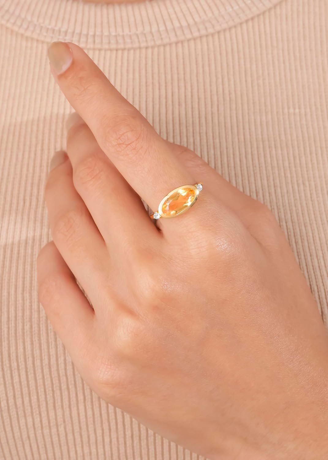 YoTreasure 14K Gold Plated 925 Sterling Silver Pink Amethyst Citrine & White Topaz Ring for Women | Oval Cut 6x12mm Gemstone Solitaire Ring | Hypoallergenic Promise Ring Jewelry