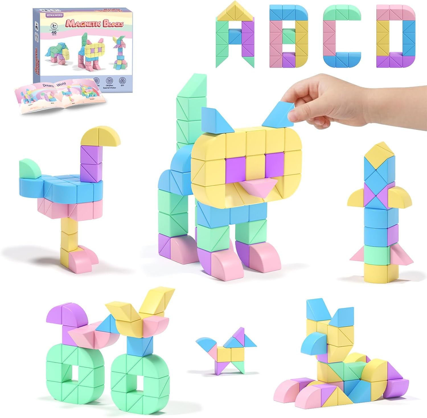 Hiwawind 40Pcs Magnetic Blocks, 1-Inch Pastel Rainbow Magnetic Cubes (Triangles & Quarter Circles), Montessori Sensory Autism Toys for Boys & Girls, for Kids Ages 3+
