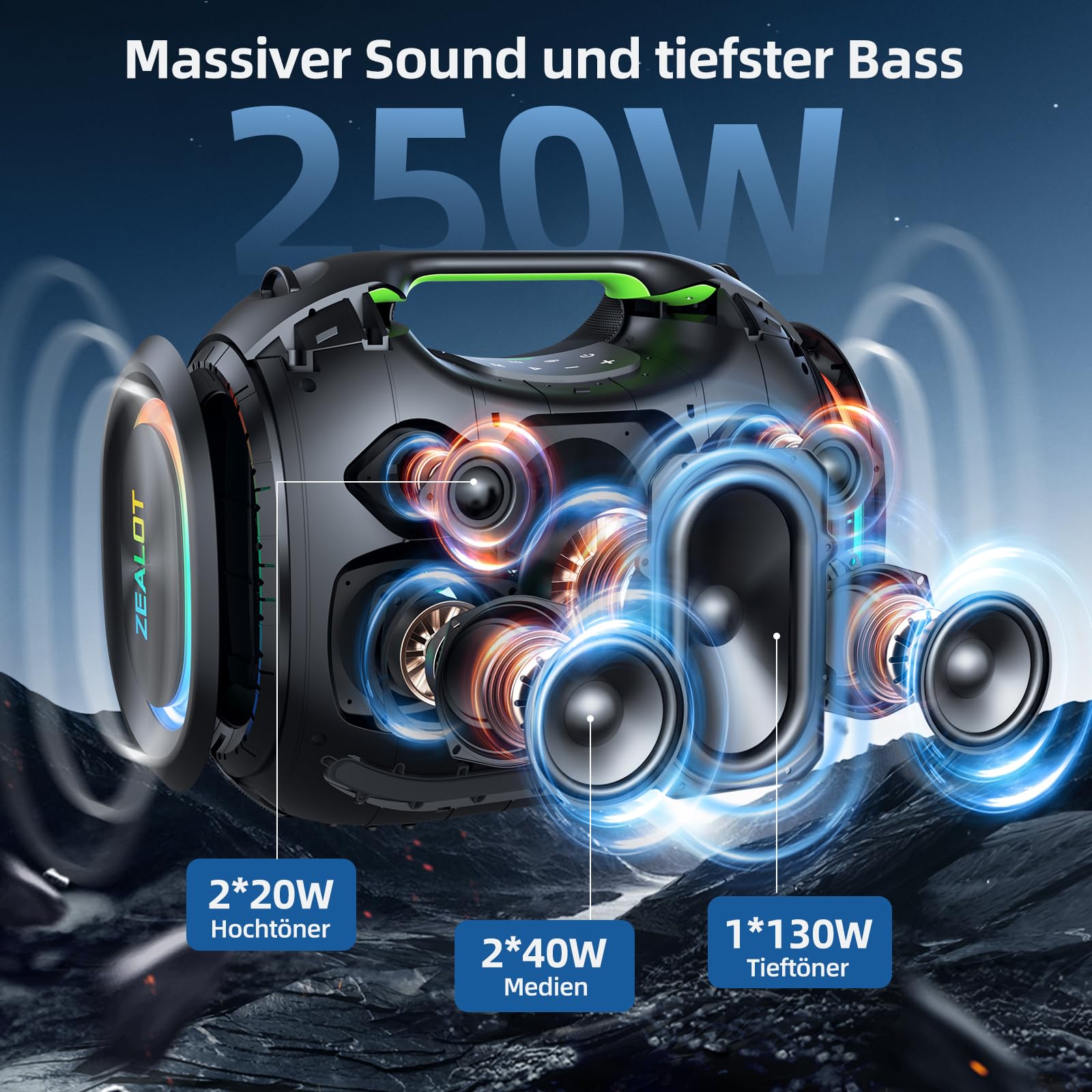 ZEALOT Bluetooth Lautsprecher,300W Peak Kabelloser Party Box mit RGB LED Licht,Kraftvoller Bass,Bluetooth 5.3,48,000 mAh,IPX6 Wasserdicht,Dual Pairing,Musikbox für Camping,Strand, Draußen
