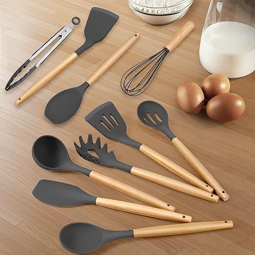 Miniatura 6 de HaWare Juego de utensilios de cocina de silicona, 10 piezas de utensilios de cocina antiadherentes con mango de madera, sin BPA, resistente al calor