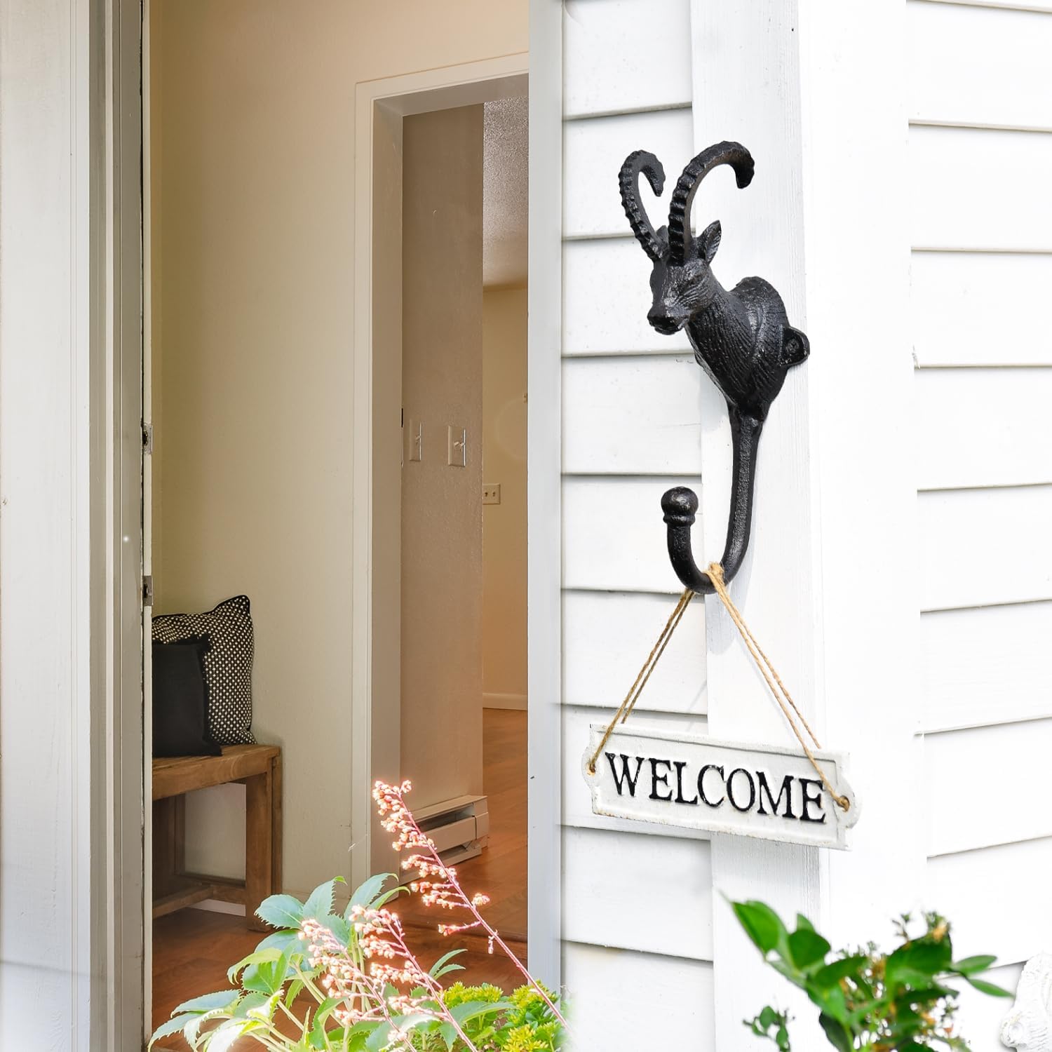 Sungmor Rustic Large Goat Head Wall Hooks - Set of 2 Heavy Duty Cast Iron Animal Hooks, Decorative Coat Hanger for Entryway, Mudroom or Farmhouse Decor - Vintage Black Brown Finish