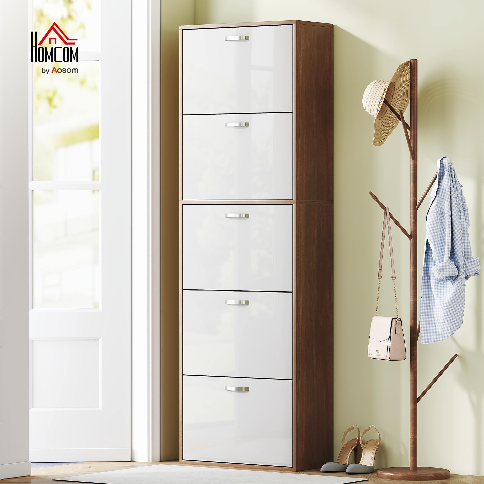 HOMCOM Scarpiera Slim Salvaspazio a 5 Livelli per 30 Paia max con 2 Ripiani per Livello, Mobile Portascarpe in MDF, 60x28x189 cm, Bianco e Marrone
