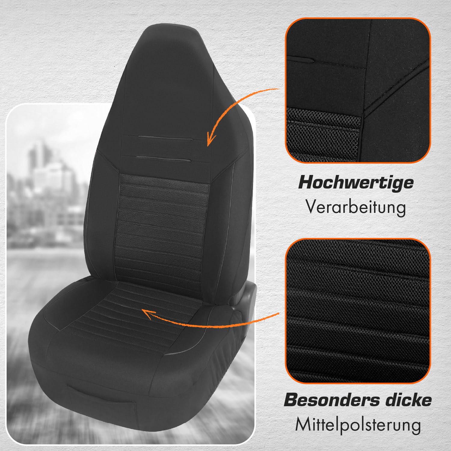 Upgrade4cars Autositzbezüge Set für Pilotensitze | Autositzbezug Komplettset in Schwarz | Autoschonbezüge Universal mit integrierter Kopfstütze | Autozubehör Innenraum Deko