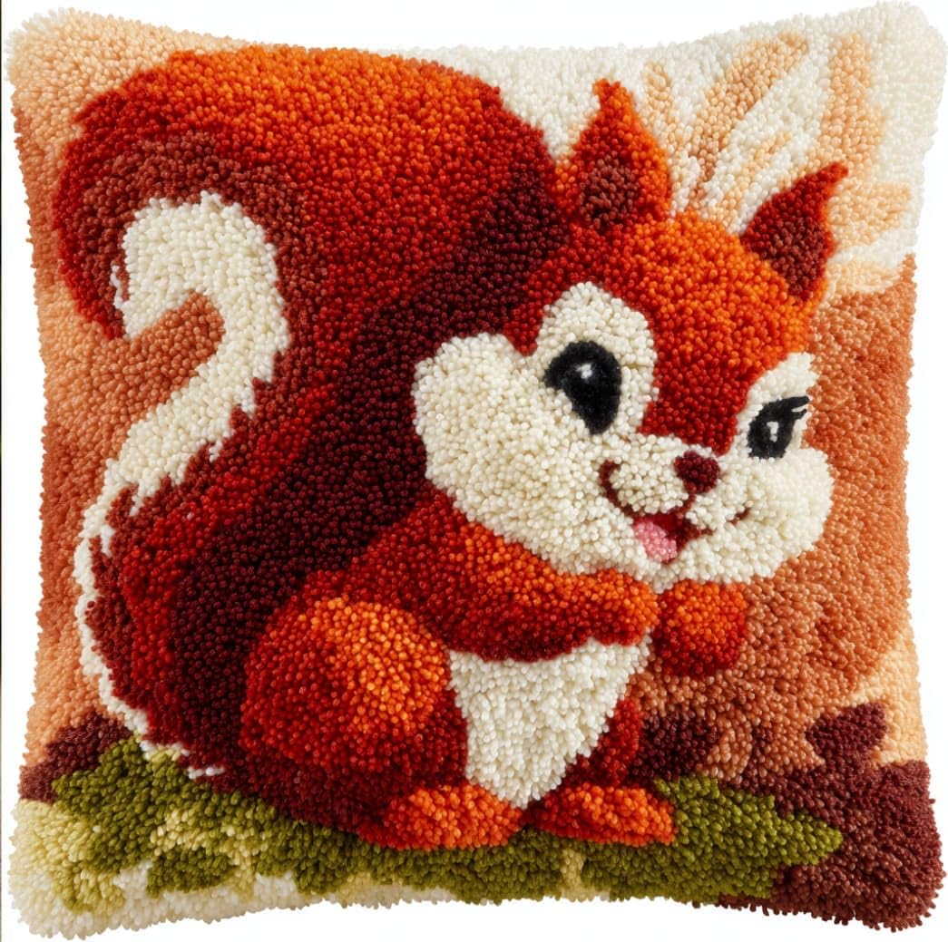 WallustrioaW Latch Hook Kit Cushion Latch Hook Kit Squirrels DIY Pillow Materials Package 43Cmx43Cm DIY Hooks Knitted Embroidered Carpet Pillow Embroidery