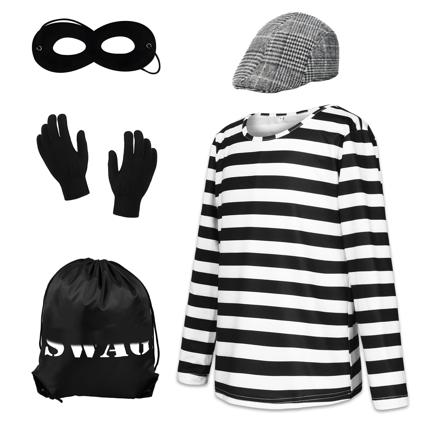Robber Costume Kids, Burglar Costume Kids Black White Striped Dress Up Prisoner Costume with Beret Black Mask Gloves Swag Bag, Thief Costume for Halloween World Book Day
