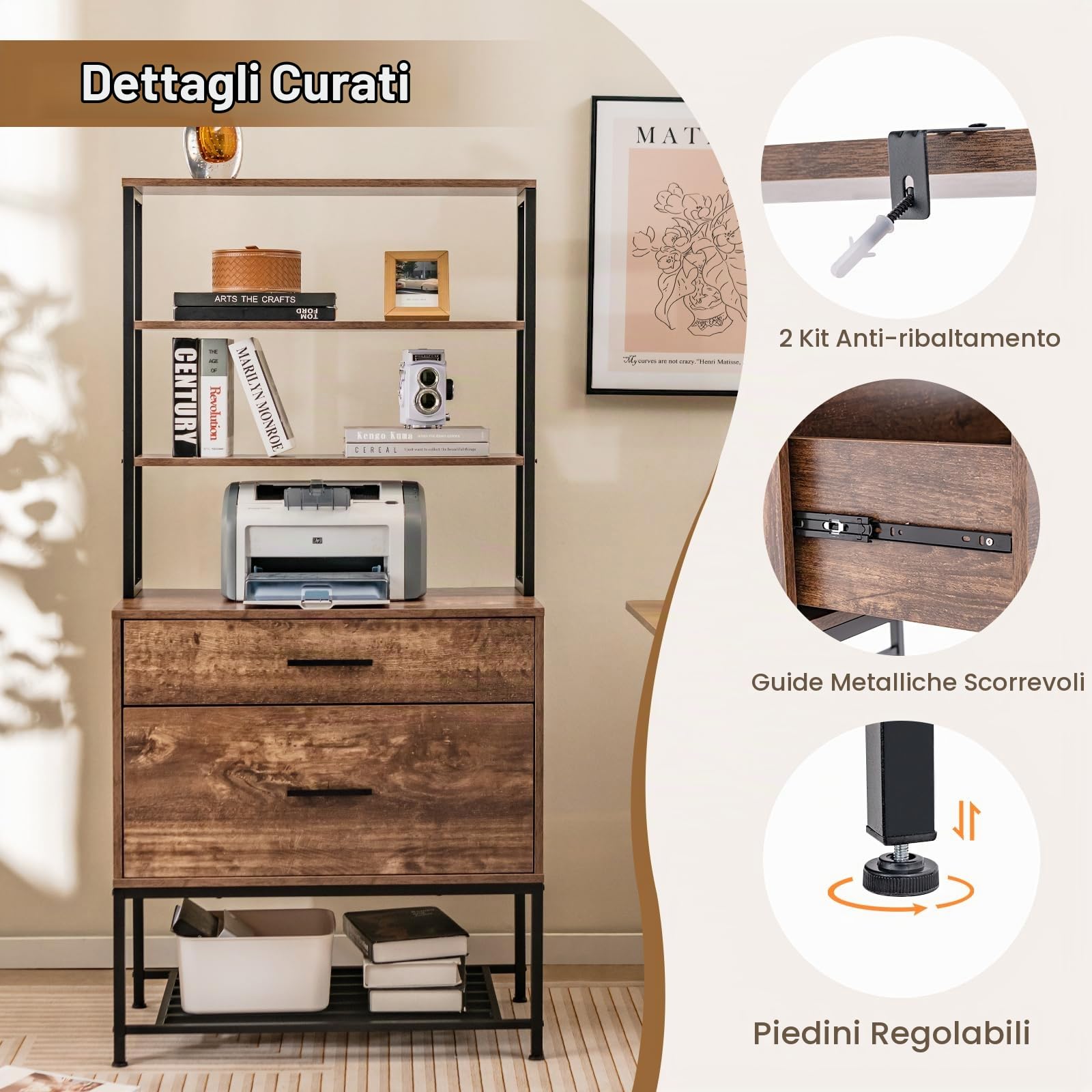 KOMFOTTEU Libreria Scaffale con 2 Cassetti, Mobile di Stoccaggio con Dispositivo Antiribaltamento, Armadietto per Soggiorno, Ufficio, Camero da Letto, 75 x 40 x 156 cm (Marrone)