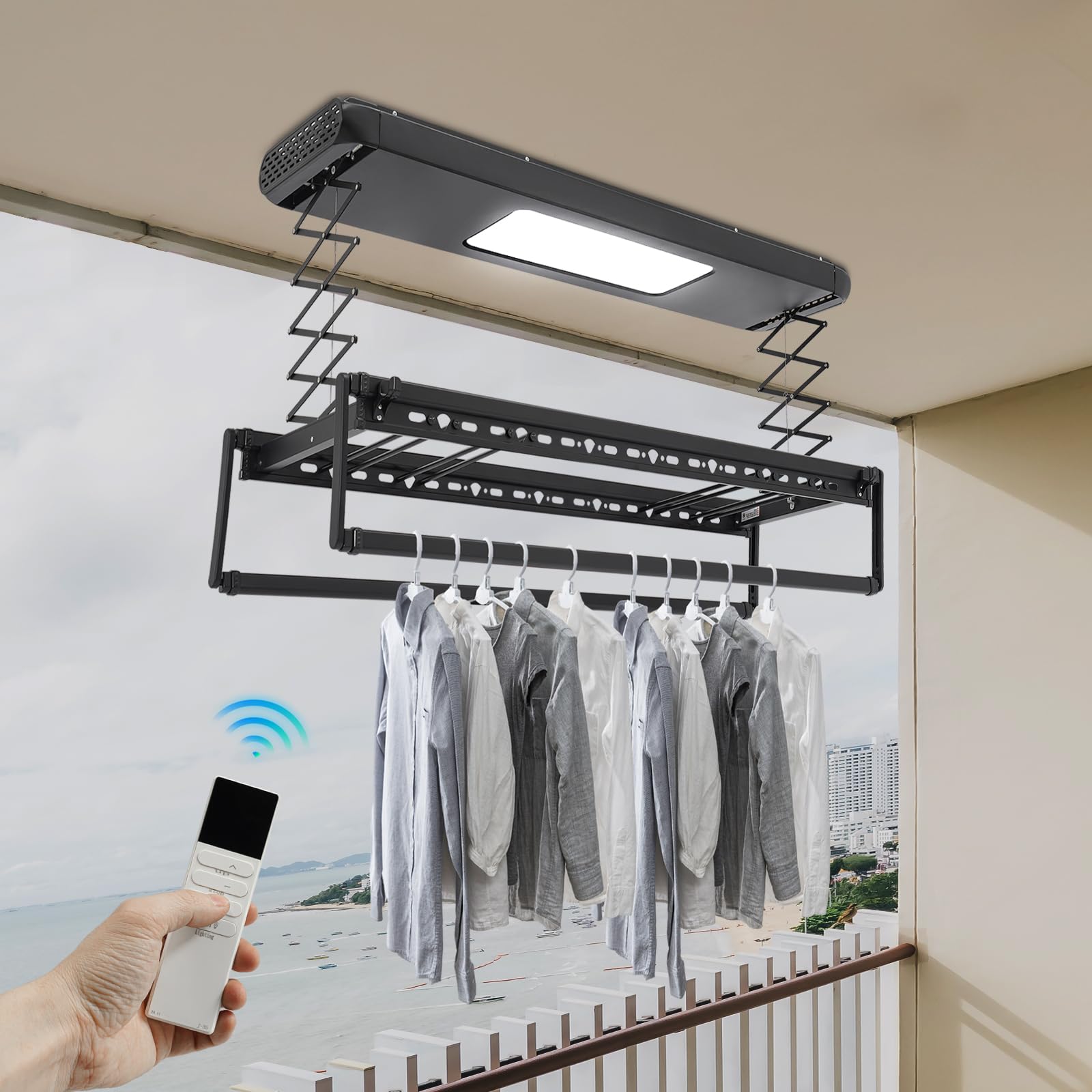 Suszarka do ubrań pod sufitem, elektryczna, 35kg pojemności | Regulowana wysokość (110cm) z pilotem zdalnego sterowania i diodami LED, 8+2 regulowane pręty, zabezpieczenie przed przeszkodami