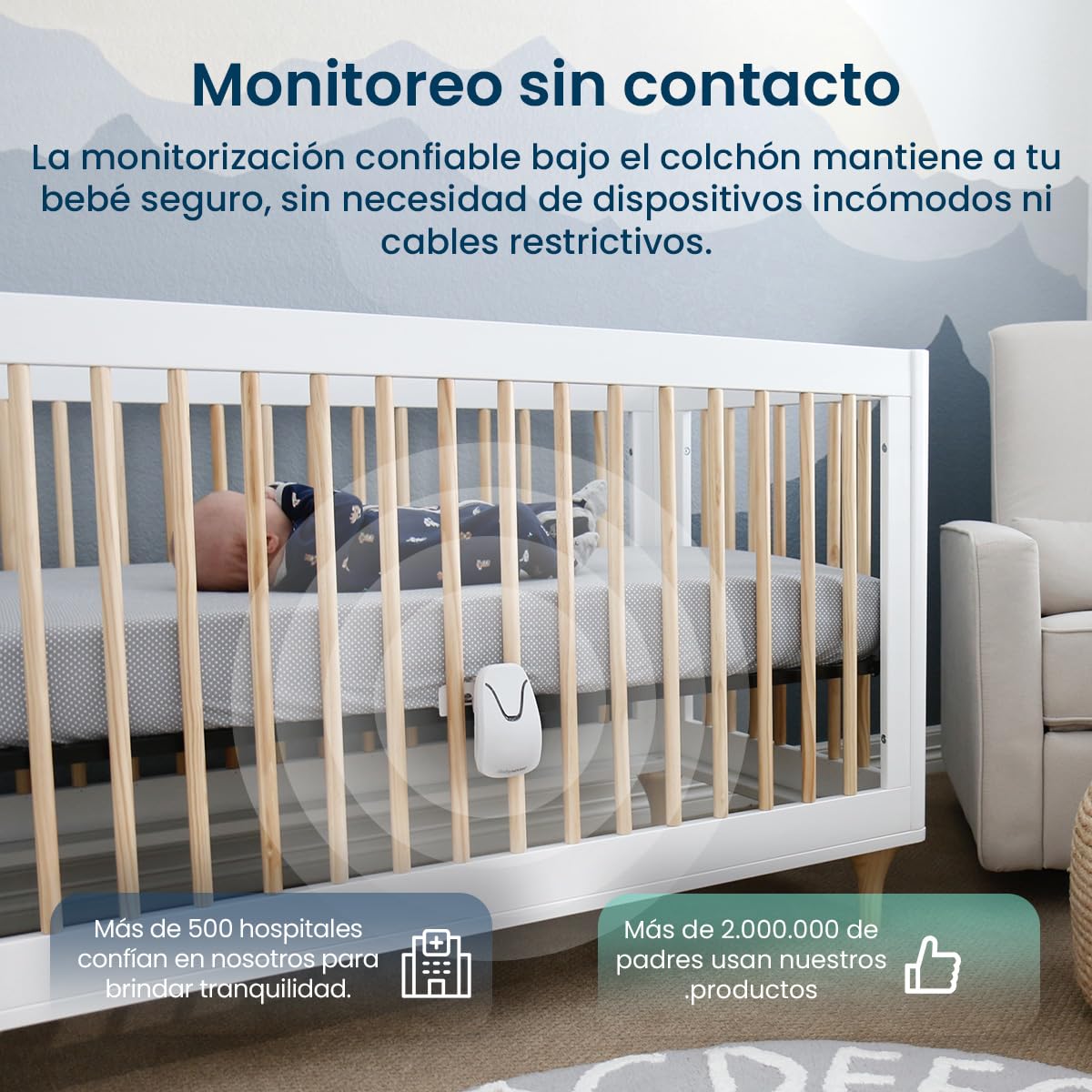 Babysense Monitor para Bebés con Alertas de Respiración en Tiempo Real, Notificaciones de Irregularidad, Certificación Médica Monitor sin Contacto, Cobertura Completa con 2 Sensores