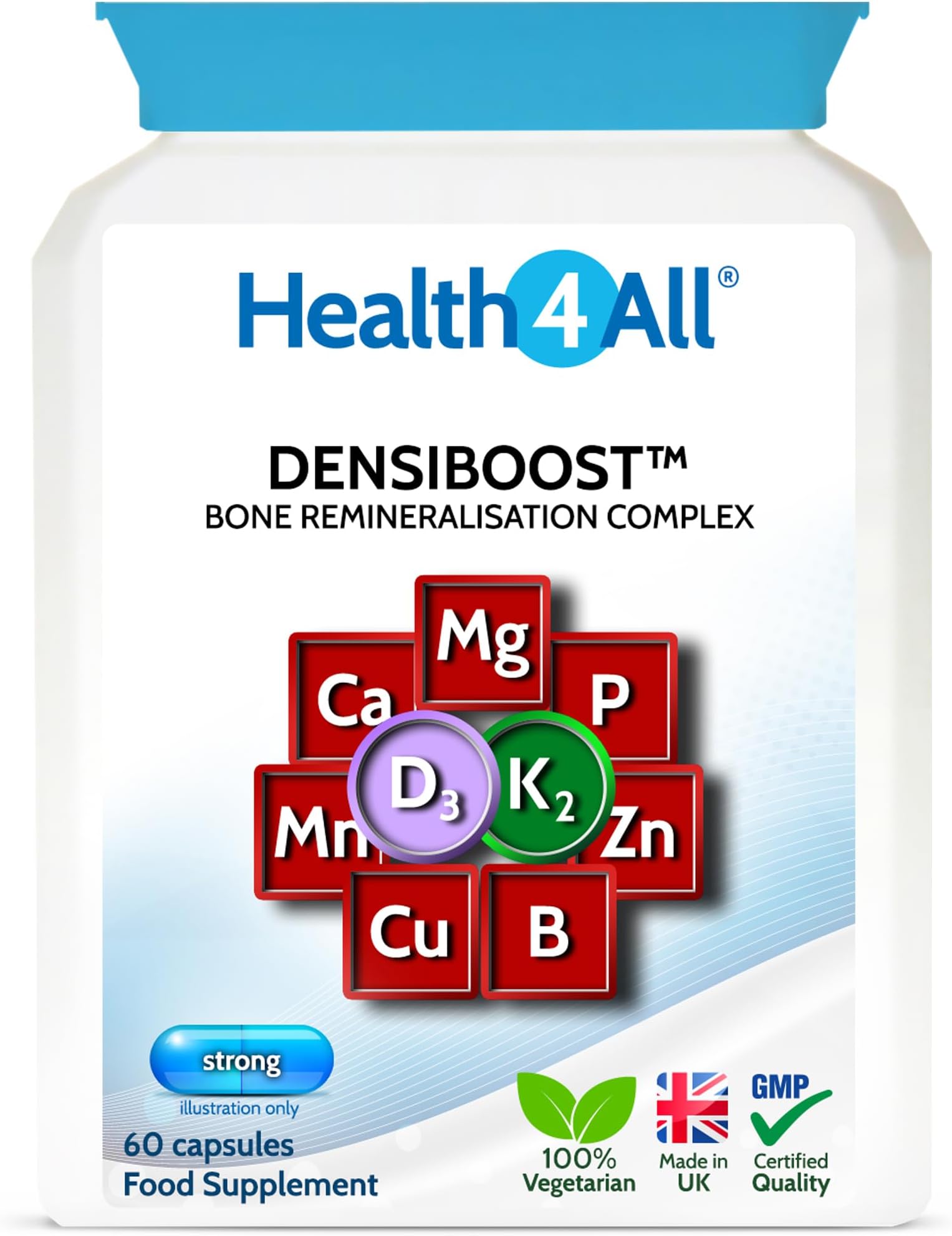 Health4All Densiboost Bone Remineralisation Complex 60 Capsules with Magnesium, Calcium, Manganese, Phosphorus, Copper, Boron, Zinc, Vitamin D3 & K2 MK-7, Bone Health Supplement, Made in UK