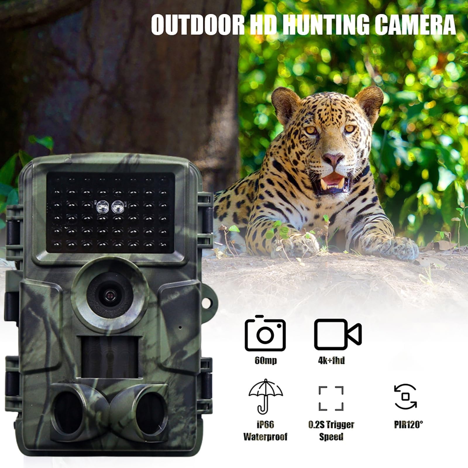 Wildkamera, 60 MP 4K Video Wildkamera mit 2.0" LCD-Bildschirm, mit Bewegungsmelder Nachtsicht bis 120°, 100° Erfassungswinkel, IP66