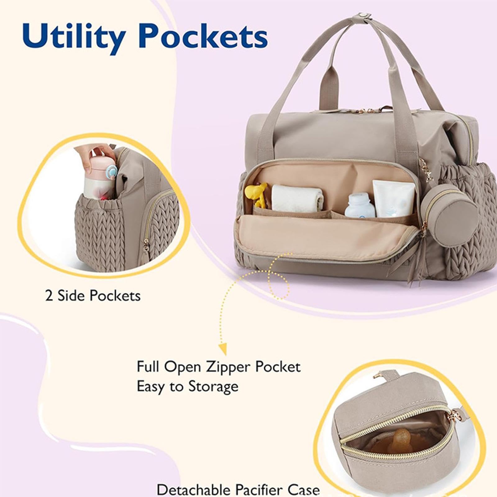 Sac à Langer Tote Organisateur Compartiments Multiples Bébé Nylon Pochette Sucette Amovible Bandoulière Réglable pour Femmes Transport Travail, Brun